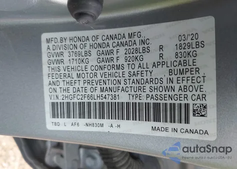 2020 Honda Civic Lx z USA, uszkodzony, nr VIN 2HGFC2F66LH547381